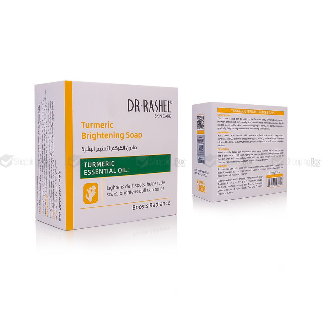 Dr. Rashel Turmeric Brightening Soap packaging on a white background