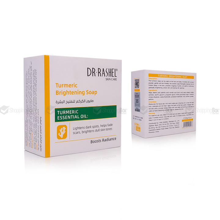 Dr. Rashel Turmeric Brightening Soap packaging on a white background