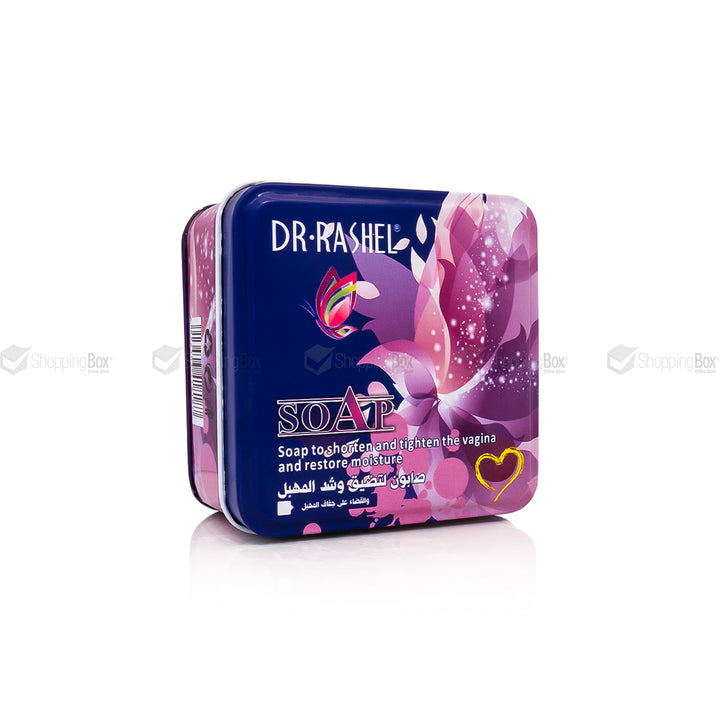 Dr. Rashel soap packaging with purple and blue design on a white background