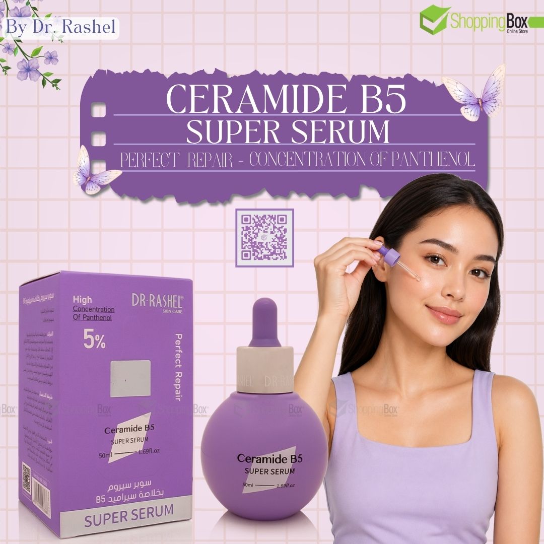Ceramide B5 Super Serum by Dr. Rashel, shown with its purple box, dropper bottle, and a model applying the serum to her face against a pink patterned background.