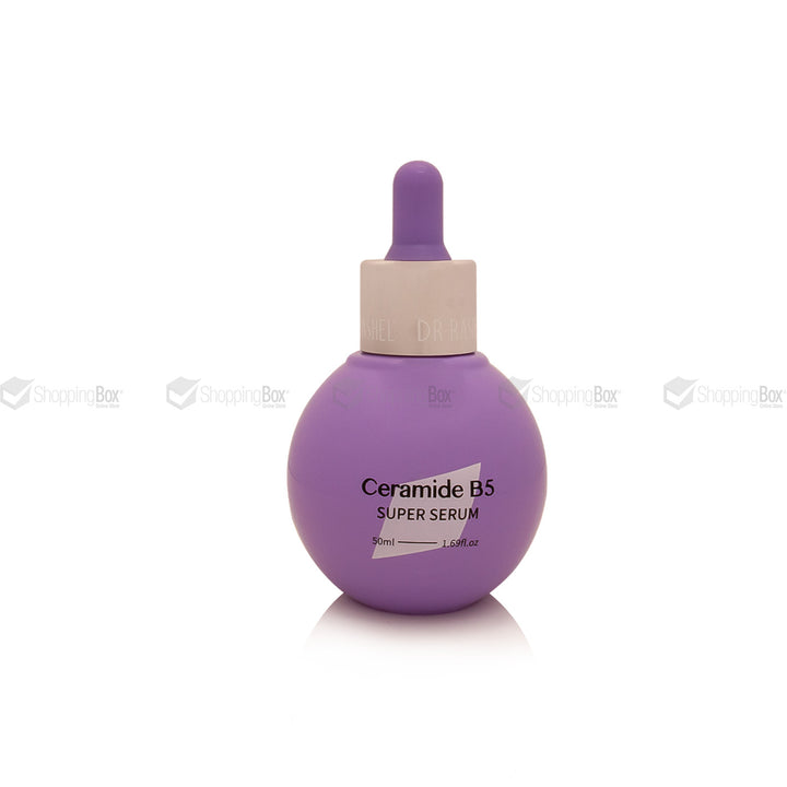 A purple bottle of CeraMide B5 Super Serum with a beige dropper cap, centered on a white background with faint watermarks.