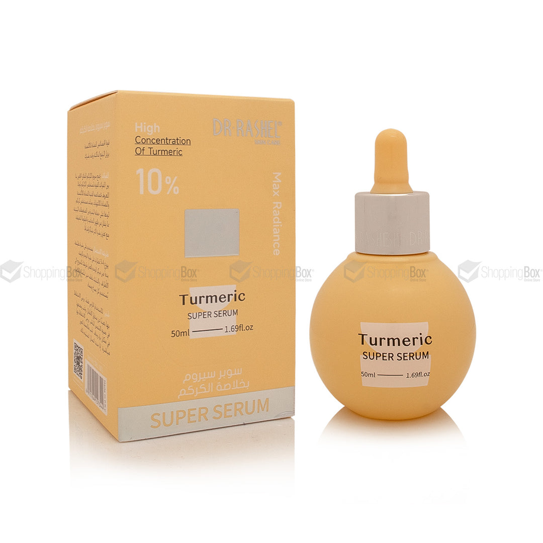 Front view of Dr Rashel Turmeric Super Serum highlighting 10% concentration formula.
