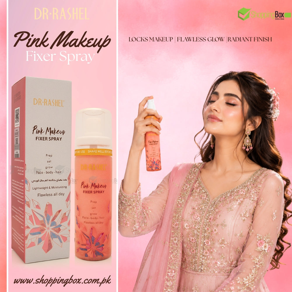 Dr. Rashel Pink Makeup Fixer Spray with packaging and a model using it on a pink background.