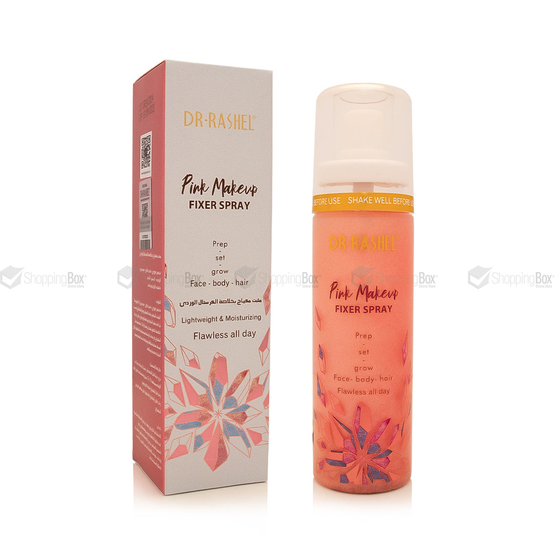 Dr. Rashel Pink Makeup Fixer Spray with packaging on a white background