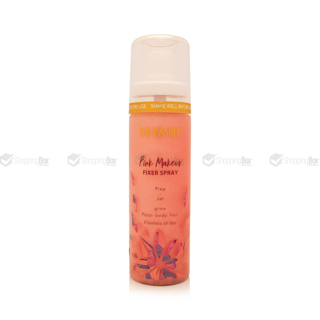 Pink makeup fixer spray bottle on a white background