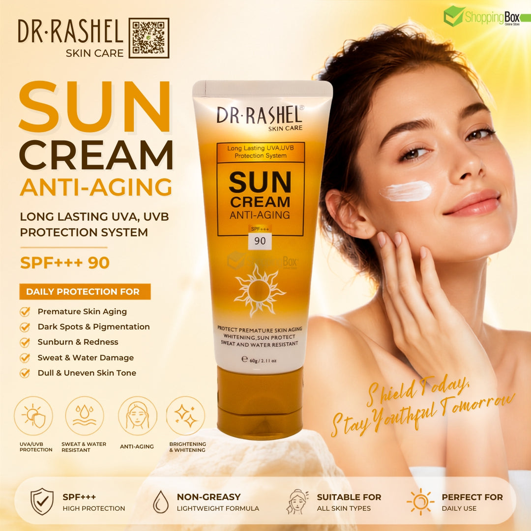 A promotional skincare image for Dr. Rashedel Sun Cream Anti-Aging SPF 90.