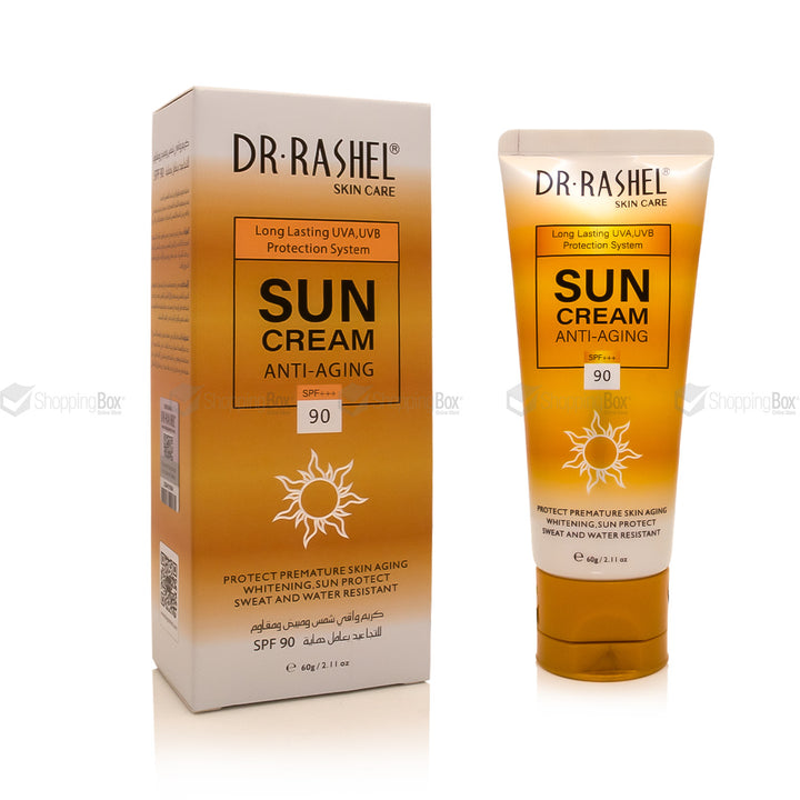 Front packaging of Dr Rashel Anti-Aging Sun Cream SPF 90+++ showing sun icon and gold gradient design.