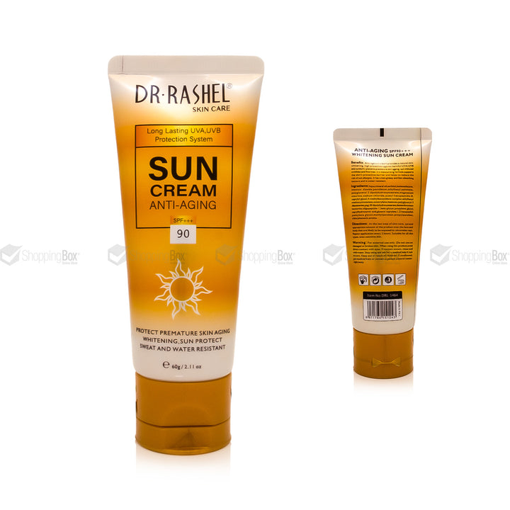 Two tubes of Dr. Rashel Sun Cream Anti-Aging SPF 90 sunscreen, one showing the front label and the other showing the back, on a white background with faint watermark text.