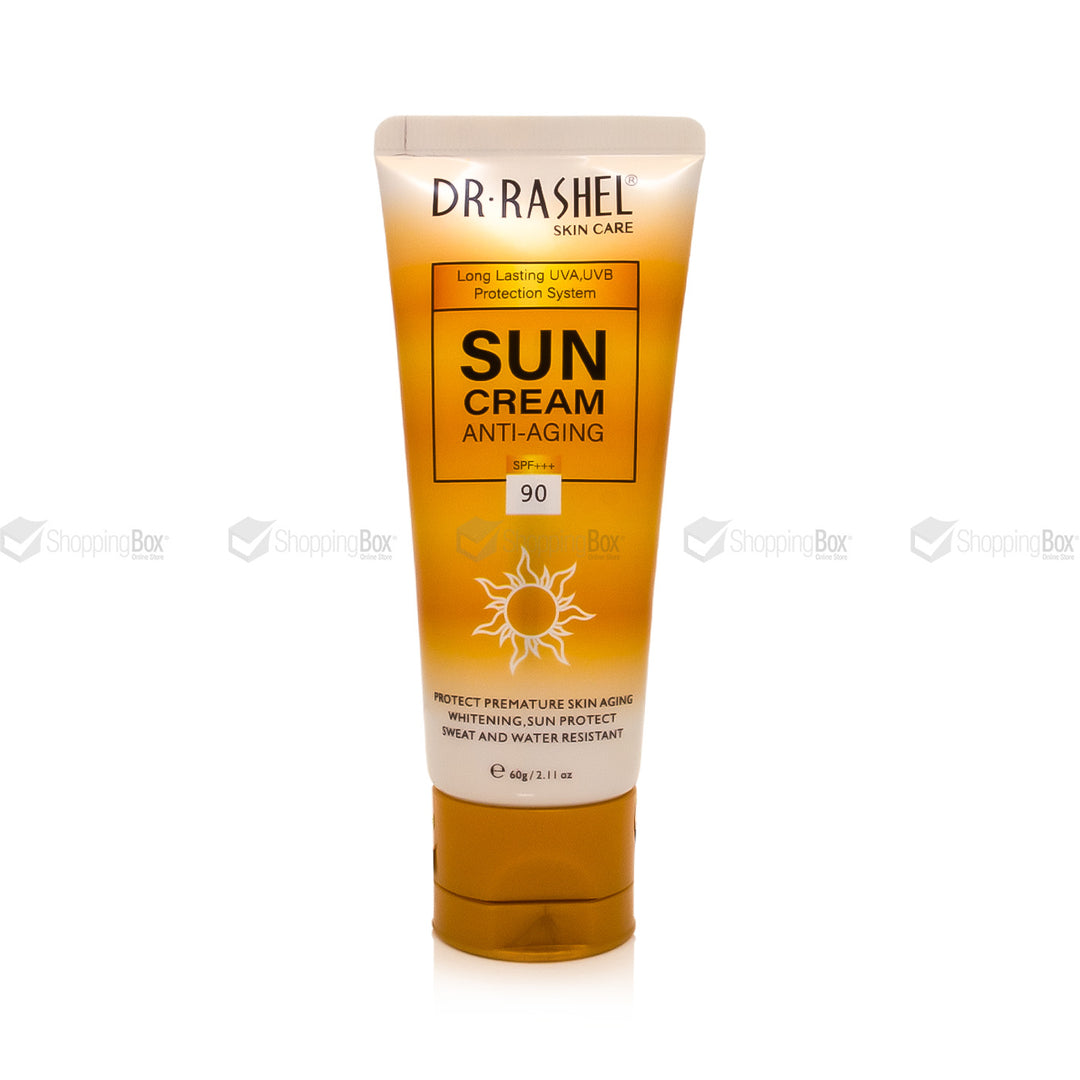 Front packaging of Dr Rashel Anti-Aging Sun Cream SPF 90+++ showing sun icon and gold gradient Tube.
