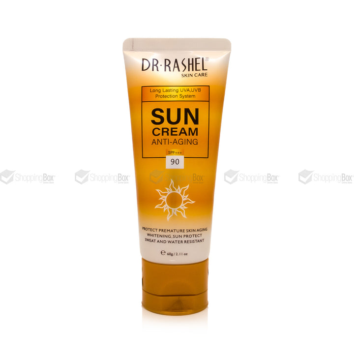 Front packaging of Dr Rashel Anti-Aging Sun Cream SPF 90+++ showing sun icon and gold gradient Tube.