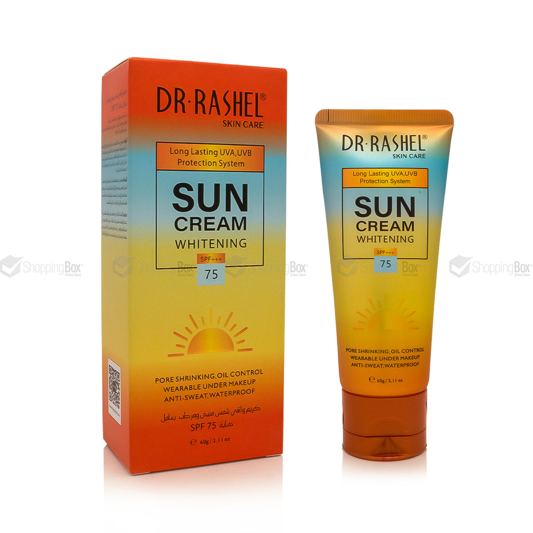 Dr. Rashel sun cream packaging with box and tube on a white background