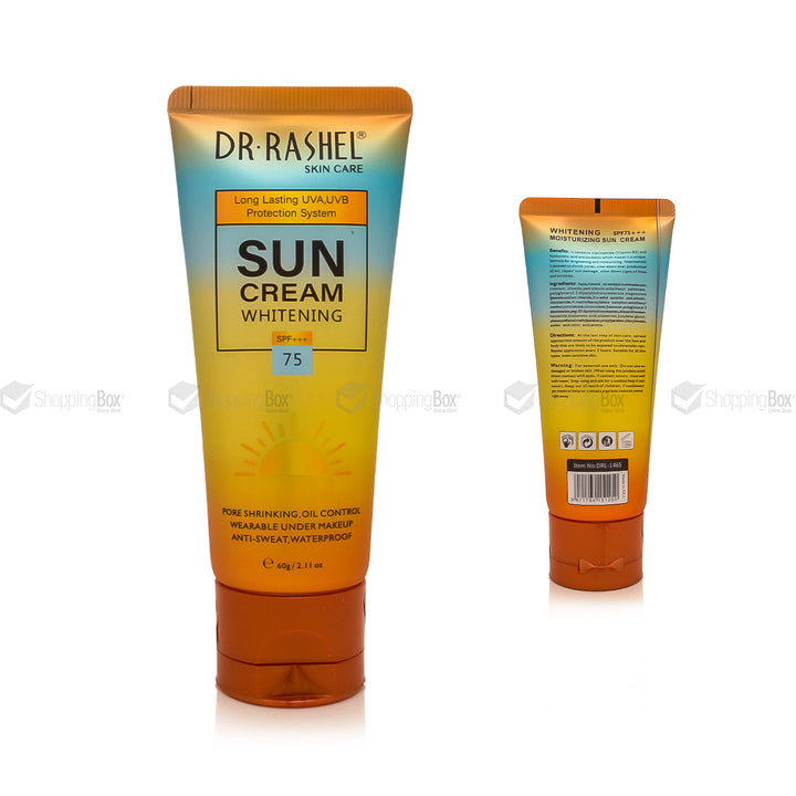 Dr. Rashel sun cream tube with front and back views on a white background