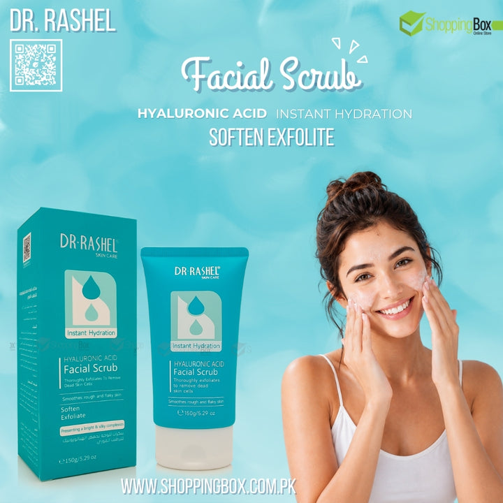 Dr. Rasheel Hyaluronic Acid Facial Scrub shown with its teal box and tube alongside a smiling woman applying cream to her face, set against a light blue water-textured background with promotional text.