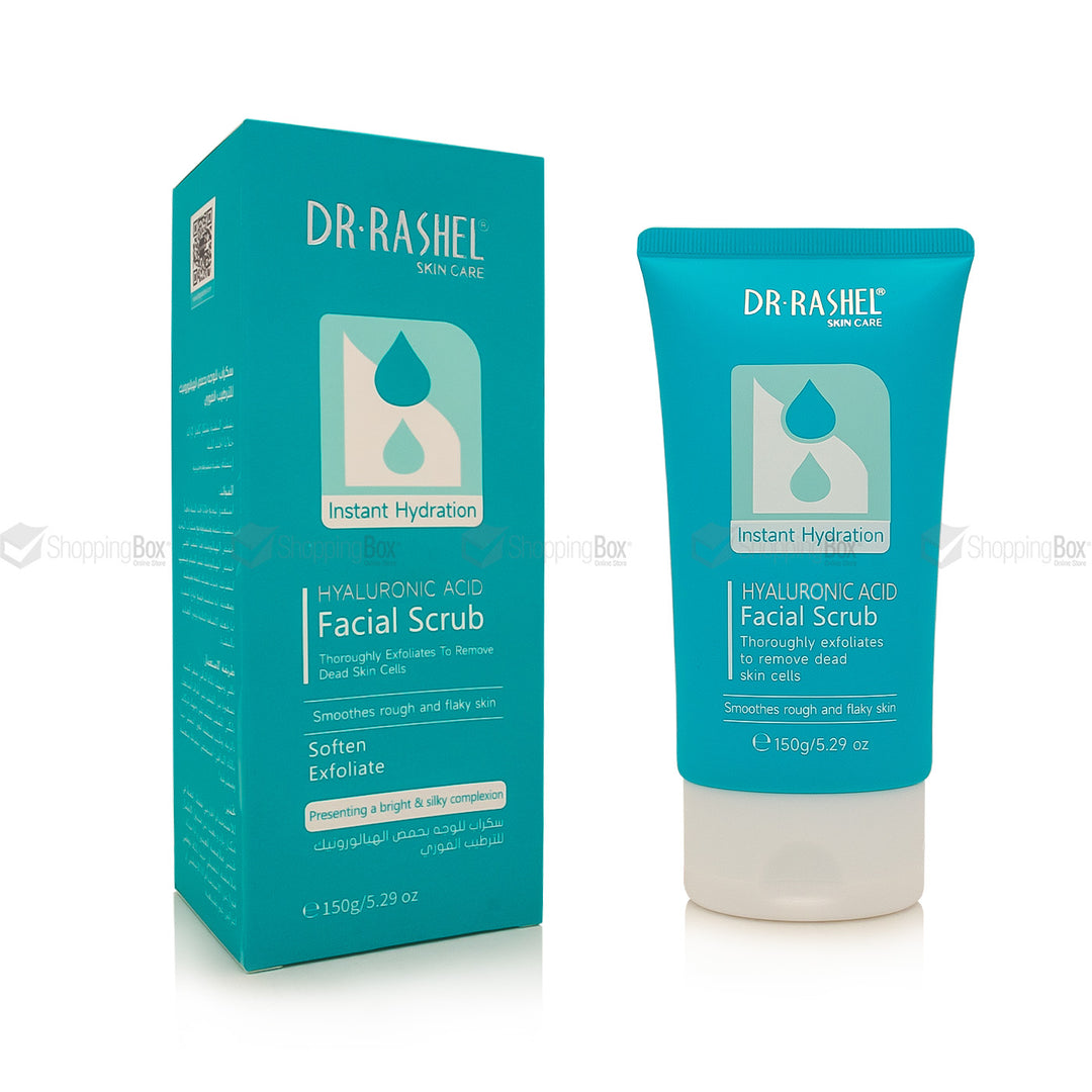 DR. RASHEL Instant Hydration Hyaluronic Acid Facial Scrub shown as a teal squeeze tube next to its matching teal retail box on a white background.