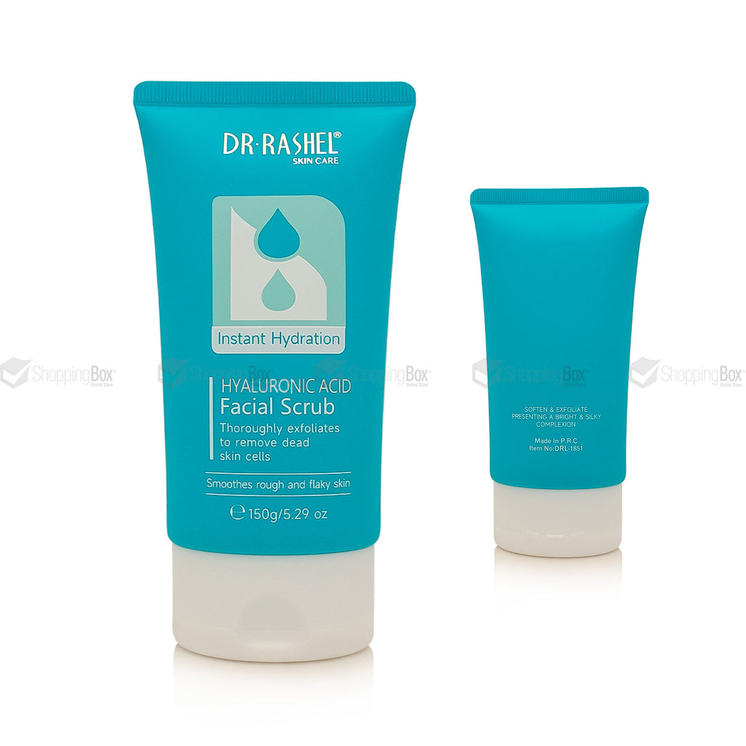 Front packaging of Dr Rashel Instant Hydration Hyaluronic Acid Facial Scrub with aqua-blue design & hydration symbol.