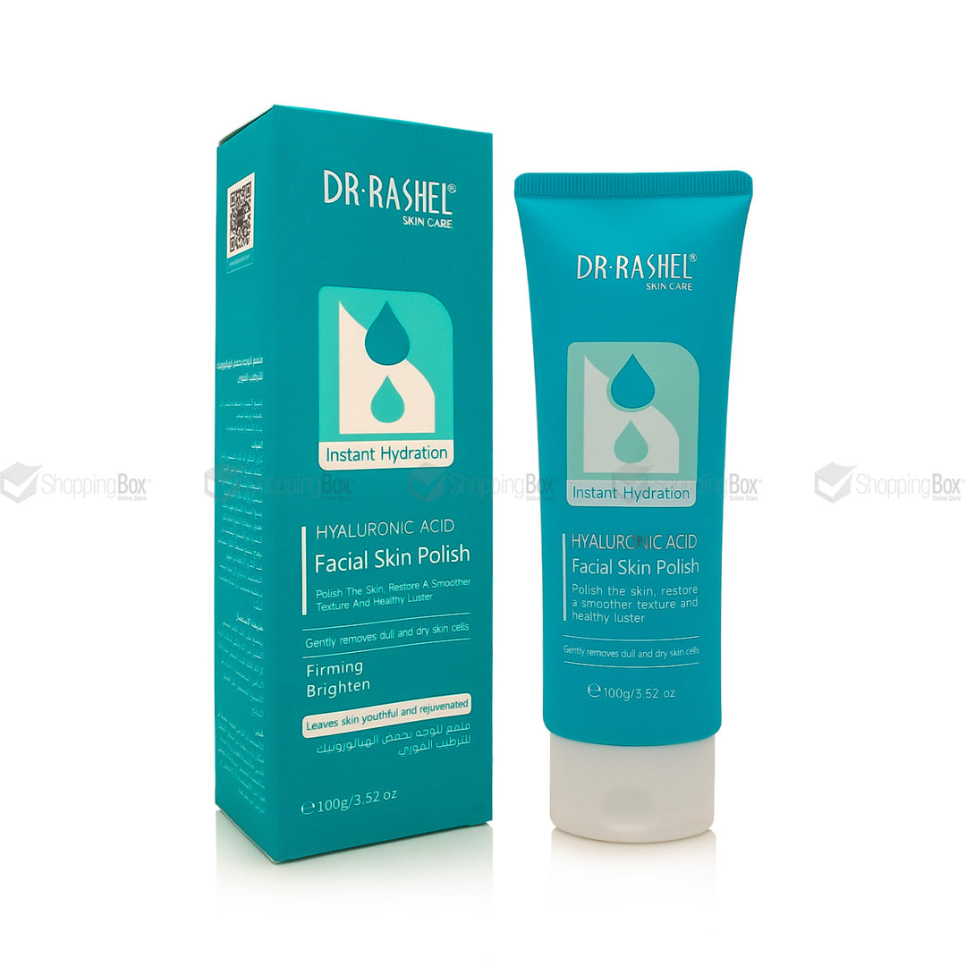 Dr. Rashel Instant Hydration Hyaluronic Acid Facial Skin Polish shown in a teal squeeze tube next to its matching teal and white packaging box on a white background.