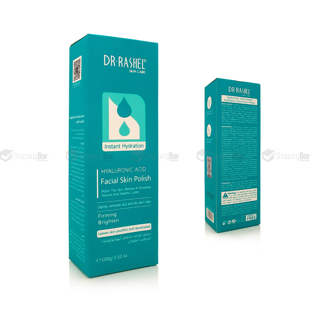 Dr. Rashel Skin Care Hyaluronic Acid Facial Skin Polish in a teal blue-green box, shown from the front and side views on a white background.