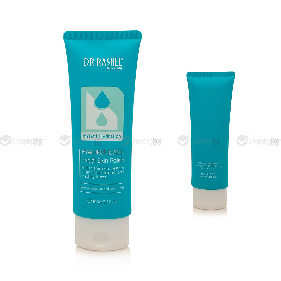 Dr. Rashel Instant Hydration Hyaluronic Acid Facial Skin Polish shown in a teal squeeze tube with a white cap, alongside a smaller matching tube on a white background.