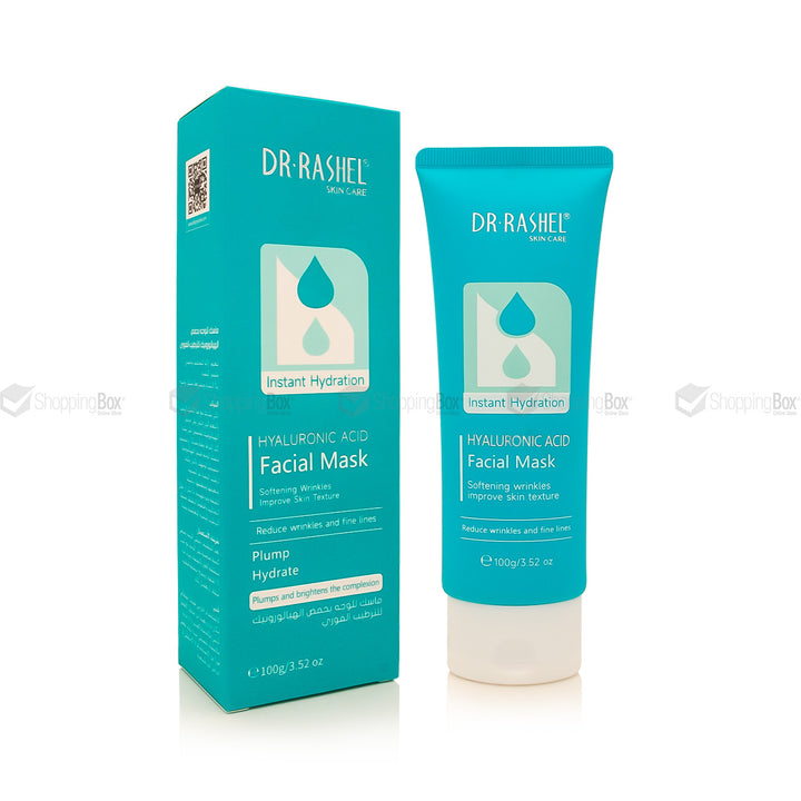 Front packaging of Dr Rashel Instant Hydration Hyaluronic Acid Facial Mask showing aqua design & hydration logo