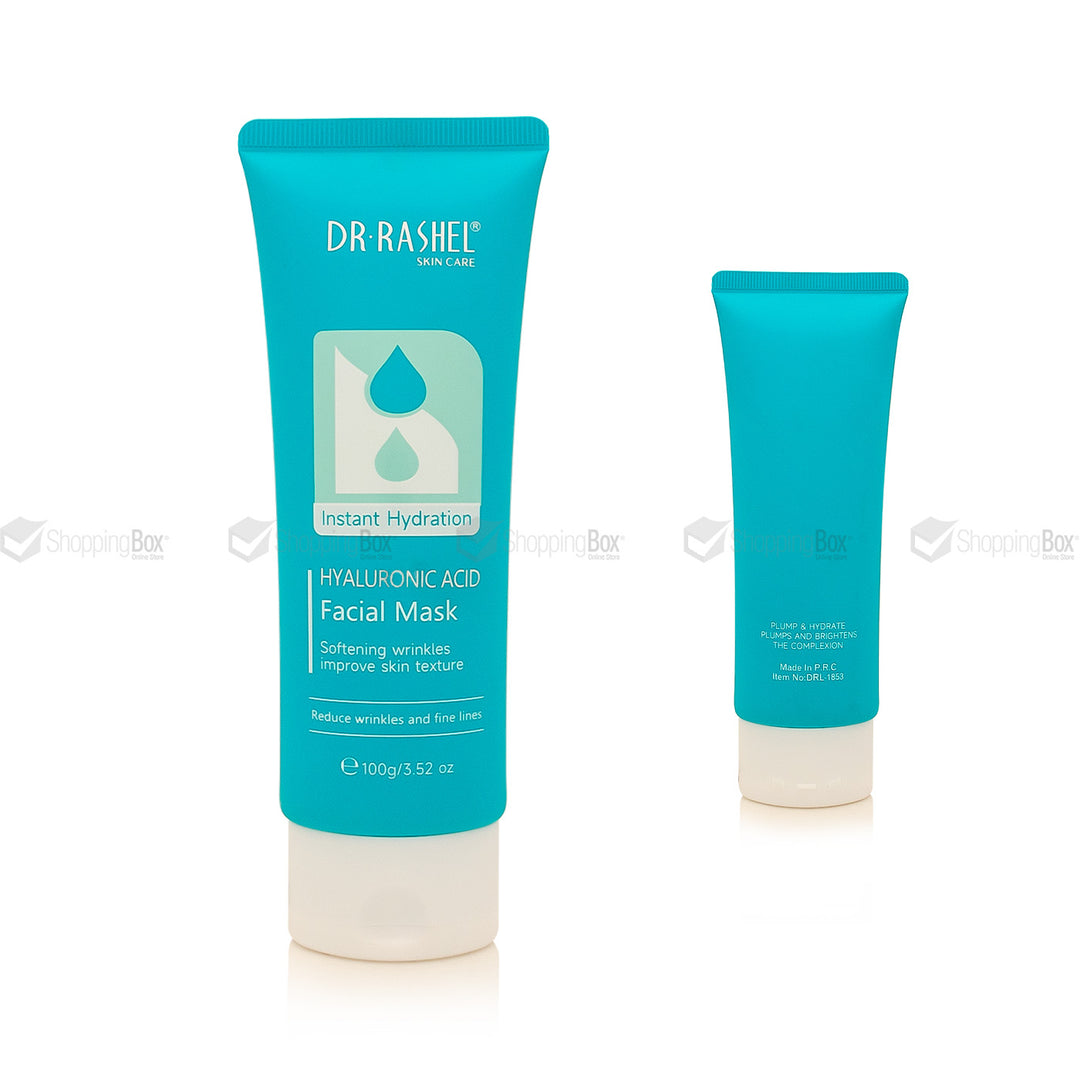 Two teal blue tubes of Dr. Rashei Instant Hydration Hyaluronic Acid Facial Mask on a white background, with one larger tube in front and one smaller tube behind it.