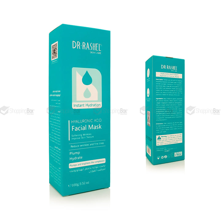 Two teal and white boxes of Dr. Rashel Hyaluronic Acid Facial Mask, showing the front and back packaging on a white background.