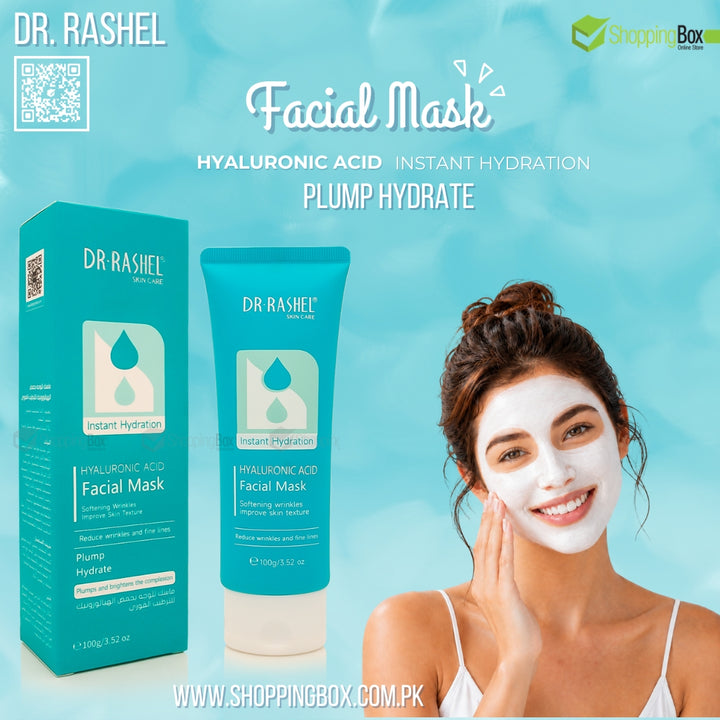 Dr. Rashel Hyaluronic Acid Facial Mask set featuring a teal box and tube, alongside a model wearing a white face mask, set against a light blue water-textured background. Advertising For Shopping Box