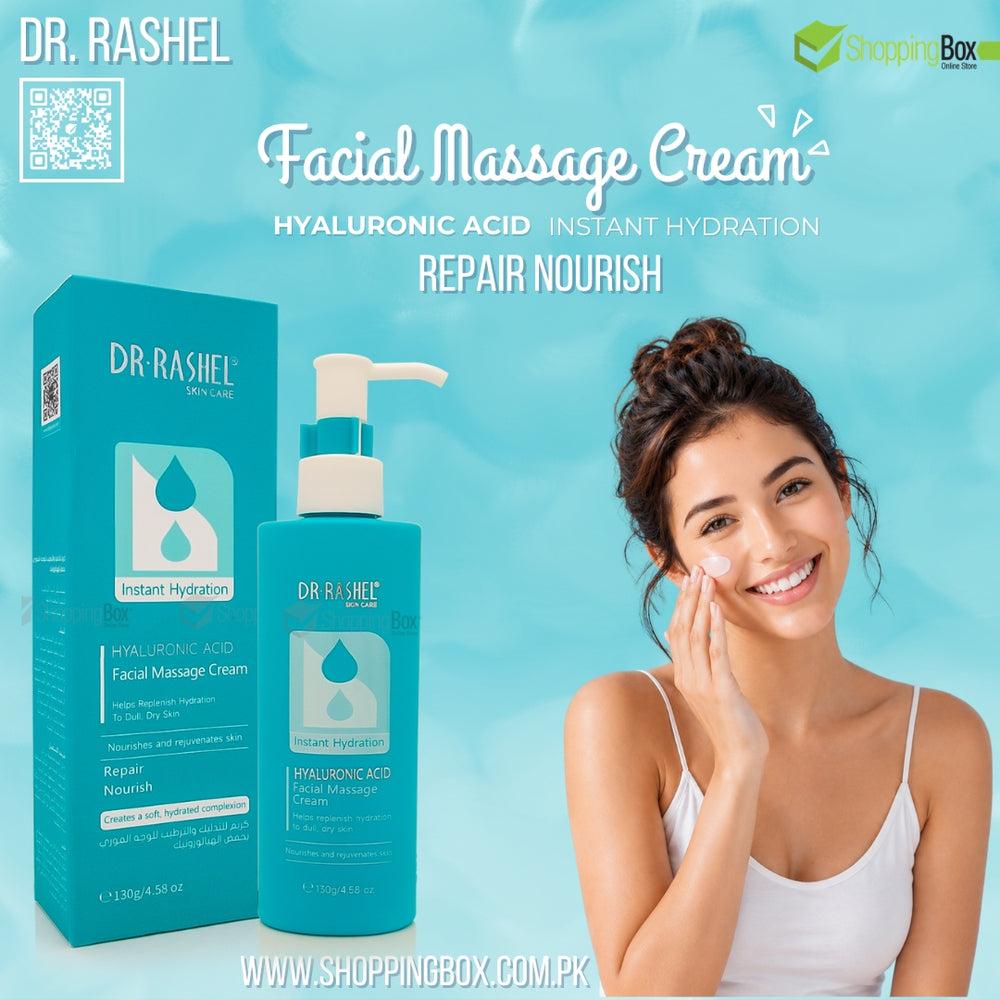 Dr. Rashel Facial Massage Cream with packaging and a woman applying it on her face against a blue gradient background.
