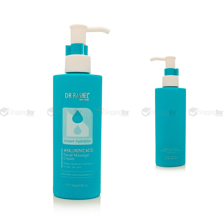 Two bottles of Dr. Rashel Hyaluronic Acid Facial Massage Cream on a white background