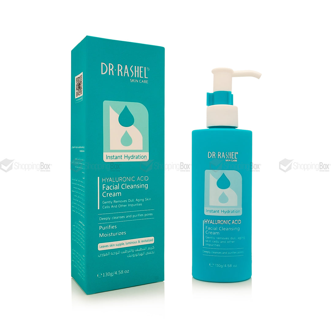 Dr. Rashel Skin Care Hyaluronic Acid Facial Cleansing Cream in a teal bottle with a white pump, shown next to its matching teal and white packaging box on a white background.