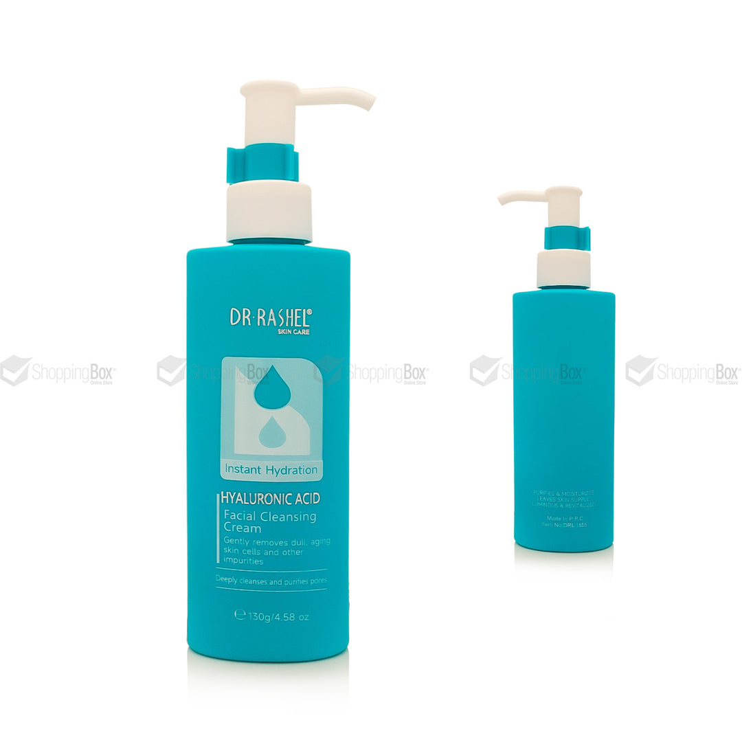 Two turquoise blue pump bottles of Dr. Rashieel Hyaluronic Acid Facial Cleansing Cream on a white background, with one bottle in the foreground and a smaller duplicate bottle behind it.