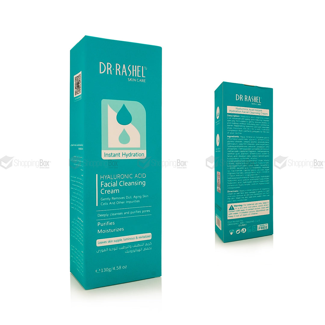 A teal and white box of DR. RASHEL Instant Hydration Shallowing Acid Facial Cleansing Cream, shown from the front and back angles on a white background.