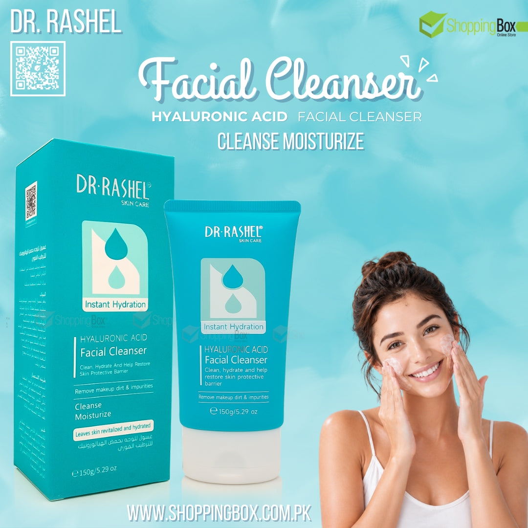 Front packaging of Dr Rashel Instant Hydration Hyaluronic Acid Facial Cleanser featuring aqua-blue hydration droplet design.