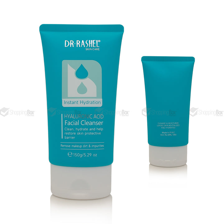 Two blue facial cleanser tubes with 'Dr. Rashel' branding on a white background