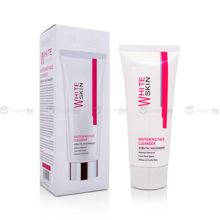 Front packaging of Dr Rashel Whitening Fade Cleanser featuring Arbutin + Niacinamide brightening formula.
