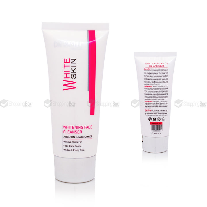 Front & Back packaging of Dr Rashel Whitening Fade Cleanser featuring Arbutin + Niacinamide brightening formula.