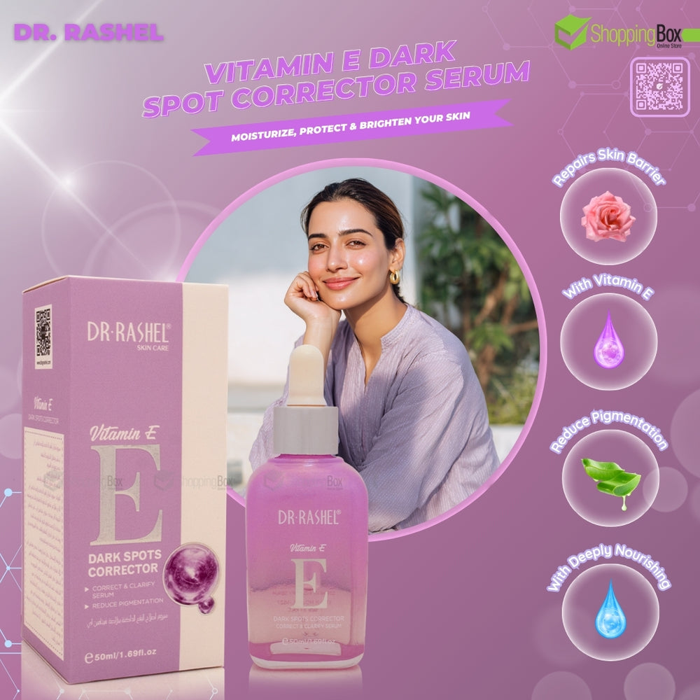 Dr. Rashel Vitamin E Dark Spot Corrector Serum packaging with a woman's face on a purple background