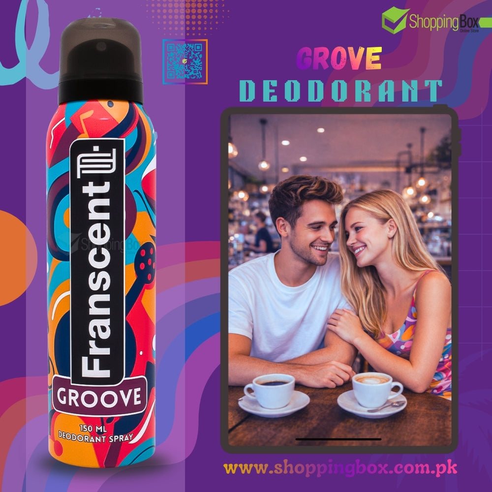 Franscent Groove deodorant spray bottle on a colorful background with a couple at a café.