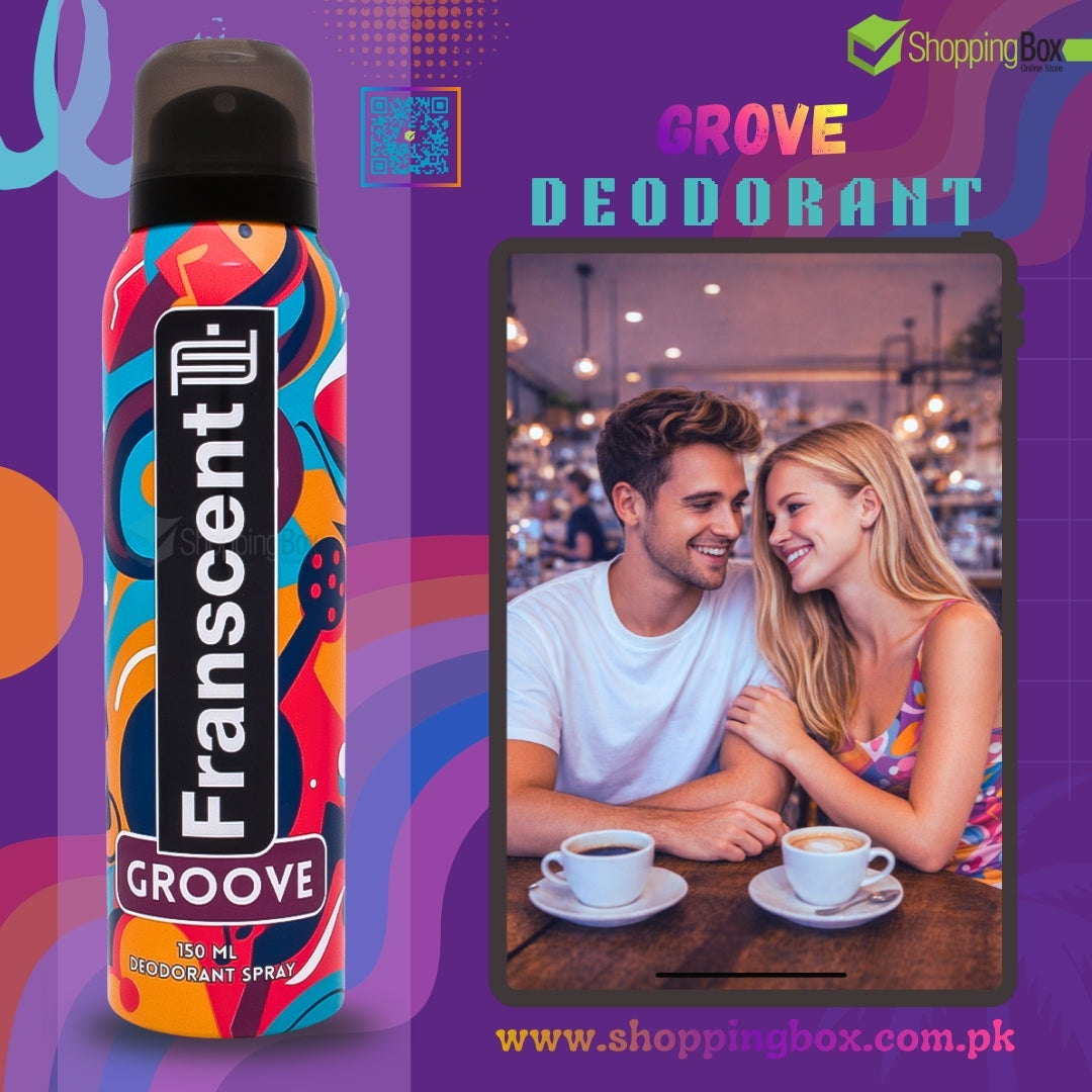 Franscent Groove deodorant spray bottle on a colorful background with a couple at a café.