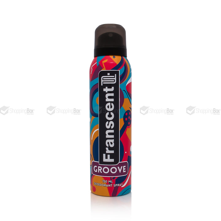 Colorful deodorant spray bottle with 'Franscent' branding on a white background