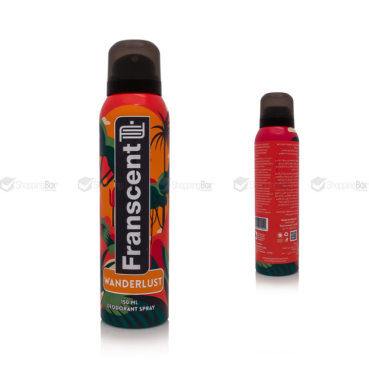 Two deodorant spray bottles, one colorful and one red, on a white background.