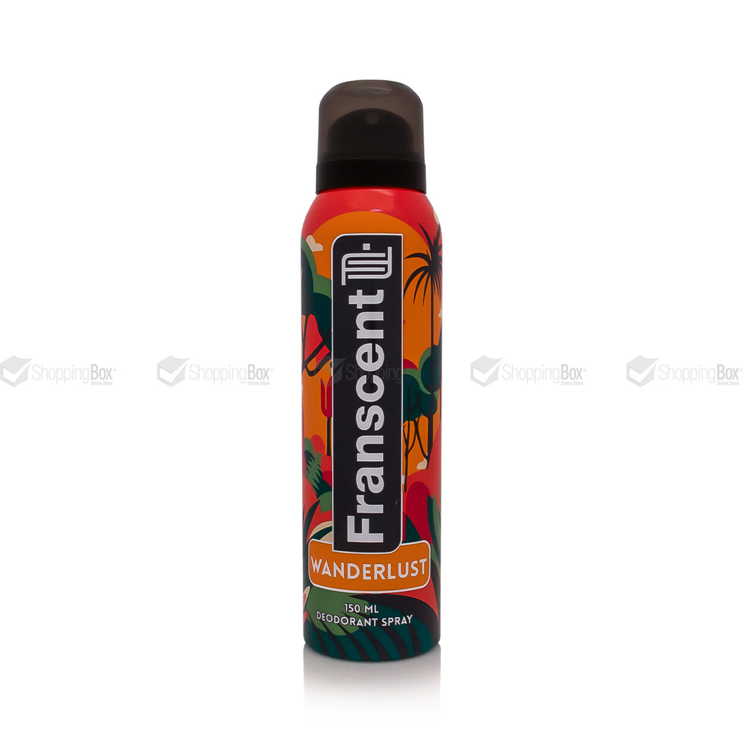 Franscent Wanderlust deodorant spray bottle on a white background