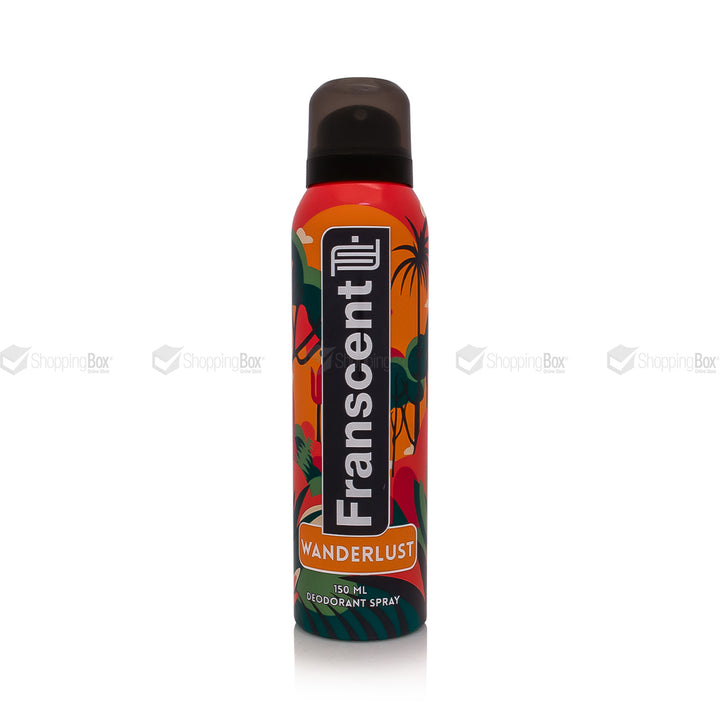 Franscent Wanderlust deodorant spray bottle on a white background