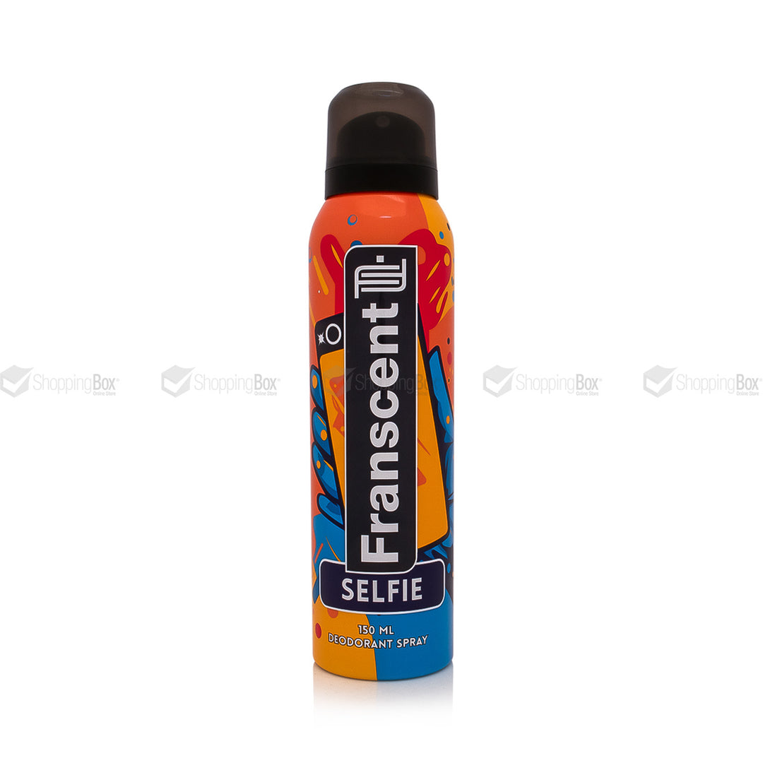 Deodorant spray bottle with colorful design and 'Franscent' branding on a white background