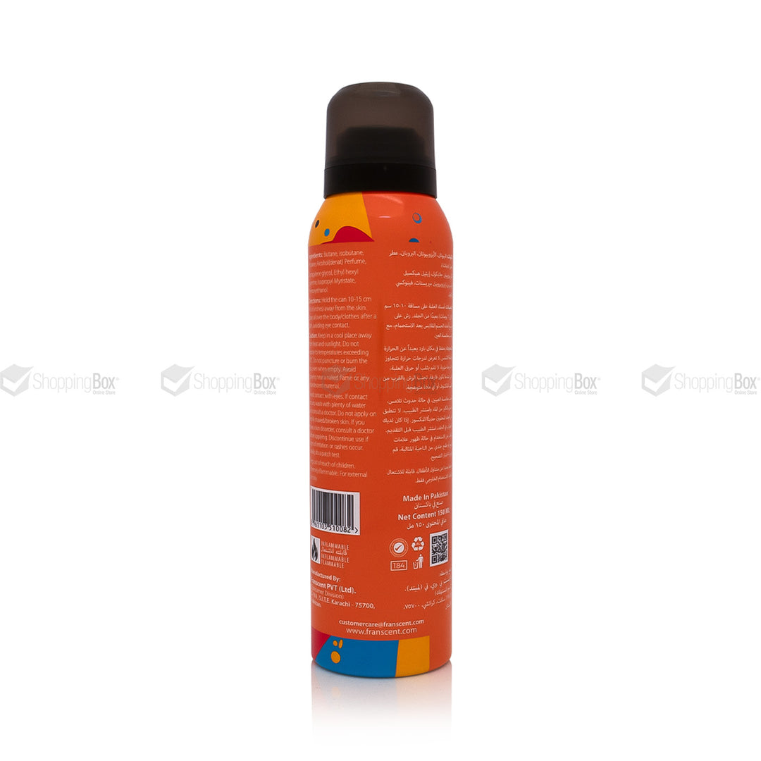 Orange spray bottle with text on a white background