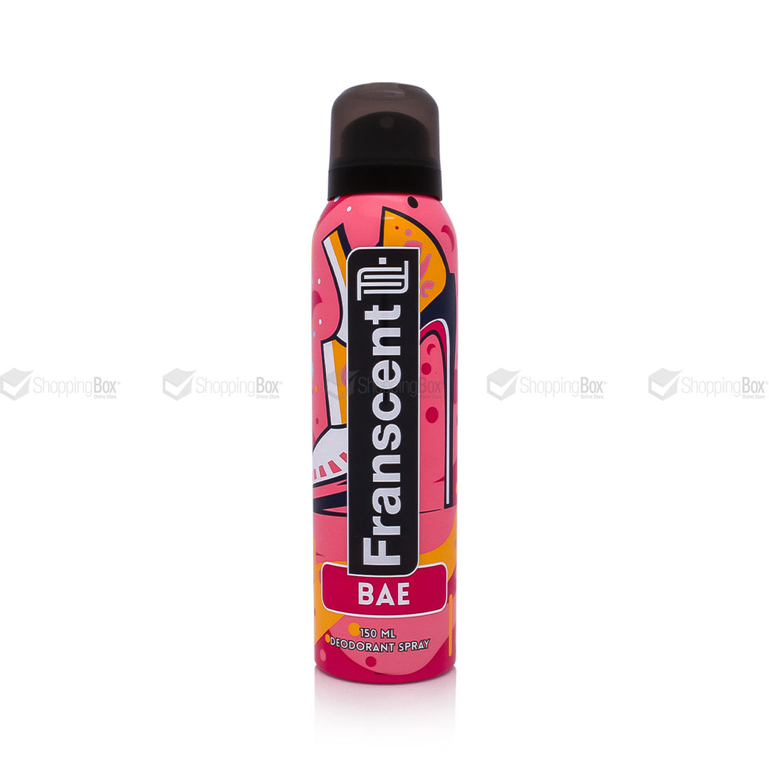 Deodorant spray bottle with colorful design on a white background