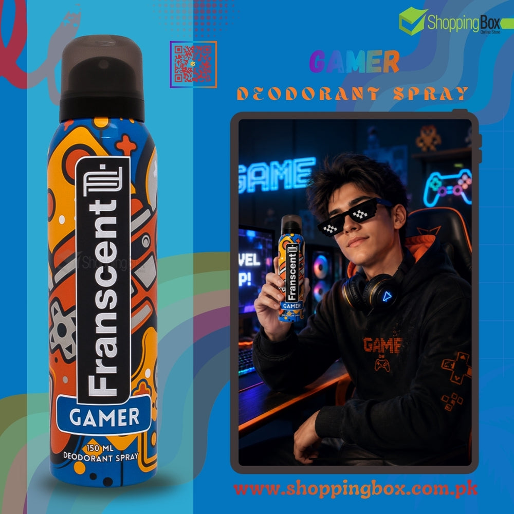 Franscent Gamer deodorant spray with a person holding it in front of gaming setup