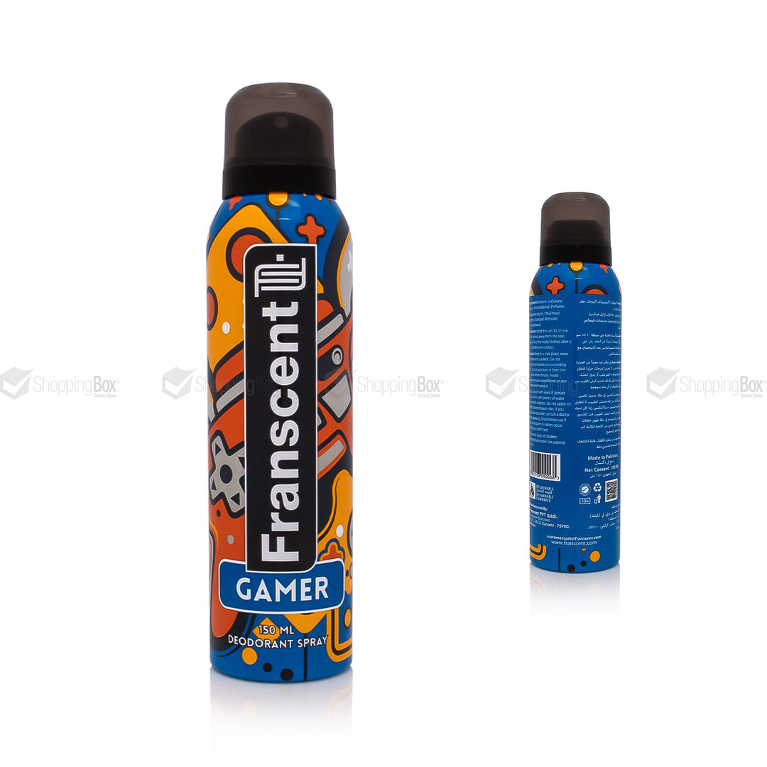 Two deodorant sprays with colorful packaging on a white background