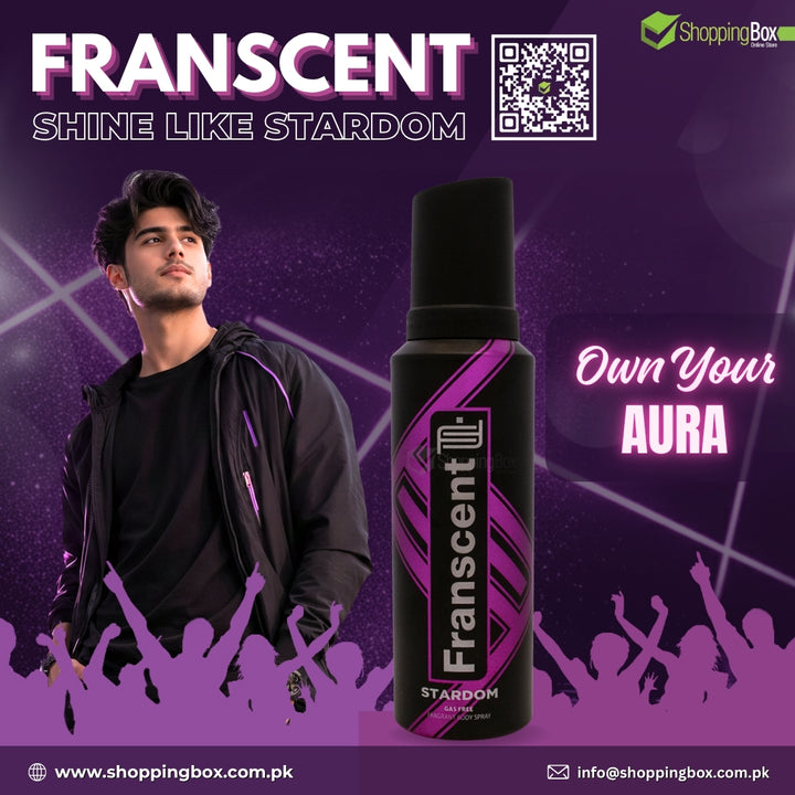 Franscent deodorant bottle with a person against a purple background, featuring the brand name and slogan.