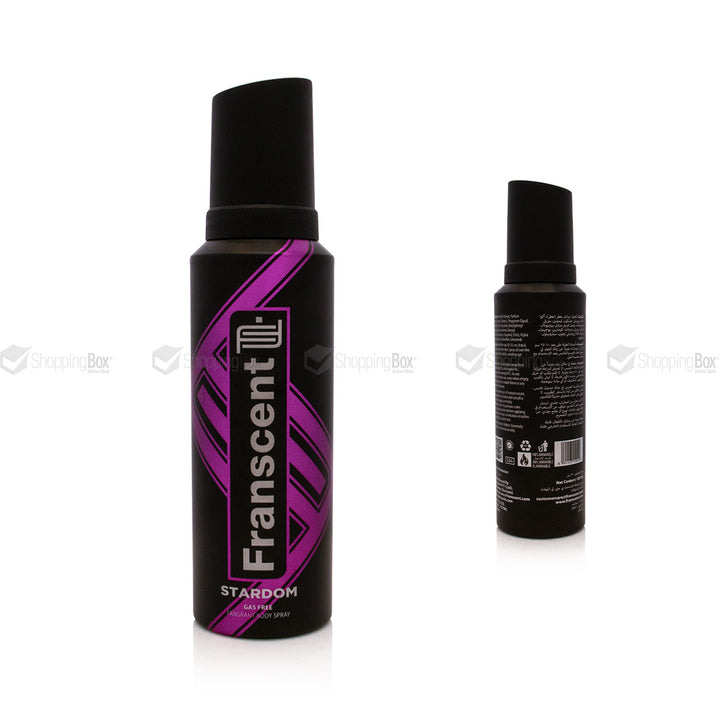 Franscent Stardom gas free body spray 120ml black bottle front and back view