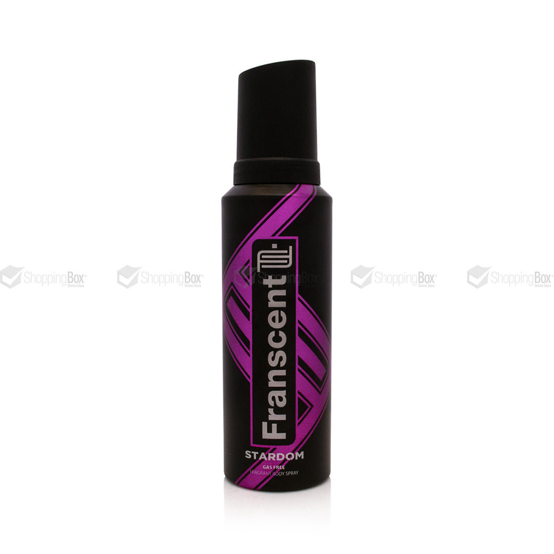 Black and purple bottle of Franscent Stardom on a white background